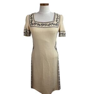 St. John Couture Ivory Sheath Dress Embroidered Black Silver Square Neck SS 4